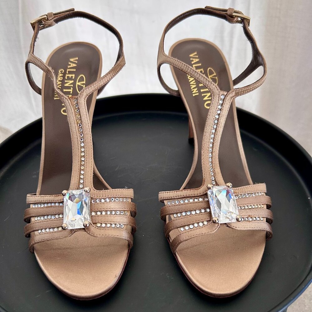 Valentino Garavani Gold Satin Heels – 38.5 with Crystals